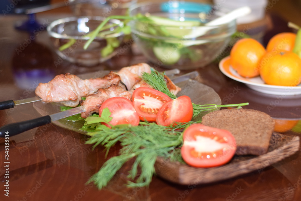 grilled pork cucumbers lettuce tomatoes bread grilled pork cucumbers lettuce tomatoes bread