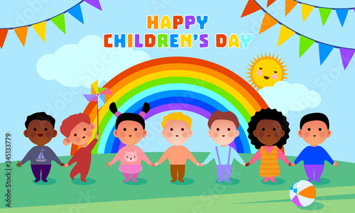 Happy children's day. Children. Friendship. Rainbow, blue sky, green grass, flags, sun, ball, toy. Childhood. Children's rights holiday. Vector illustration