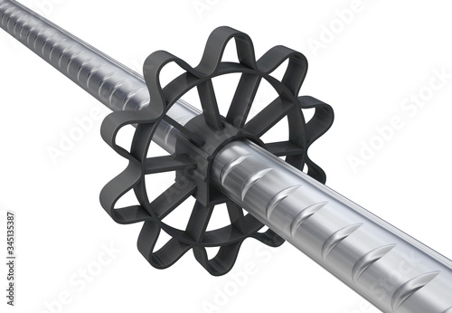 Circular plastic wheel spacer mounted on a reinforcing steel - 3d illustration photo