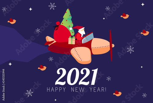 Fototapeta Naklejka Na Ścianę i Meble -  2021 New Year card design. Santa Claus with gifts and tree flying on airplane. Vector illustration for promotion banners, headers, posters, stickers. Santa's plane. Christmas card, poster, banner