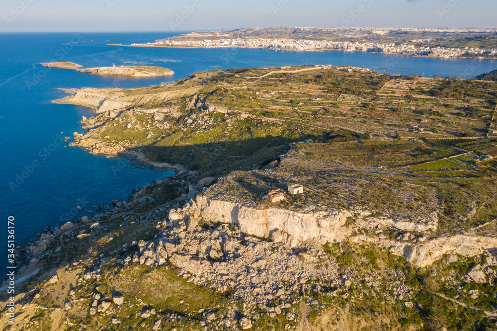 Aerial view of maltese landscape, sunset time. St. Pauls island. Selmun, Malta island