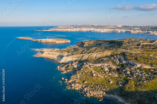 Aerial view of maltese landscape, sunset time. St. Pauls island. Selmun, Malta 