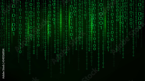 Green matrix background. stream of binary code. Falling numbers on dark backdrop. Digital computer code. Coding and hacking. Vector illustration.