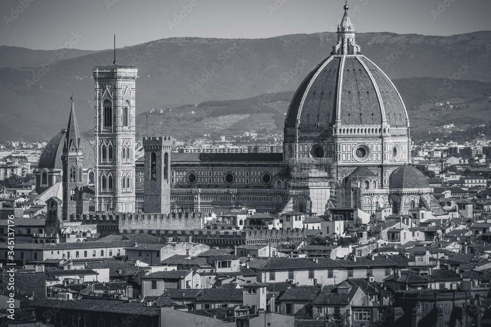 Beautiful wide angle view on Florence duomo cathedral in black and white