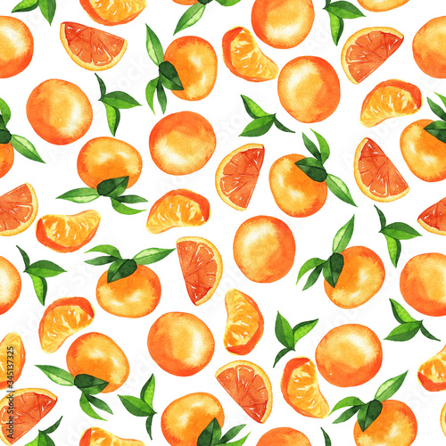 Fototapeta Naklejka Na Ścianę i Meble -  Seamless pattern with orange tangerines and green leaves on white background. Hand drawn watercolor illustration.