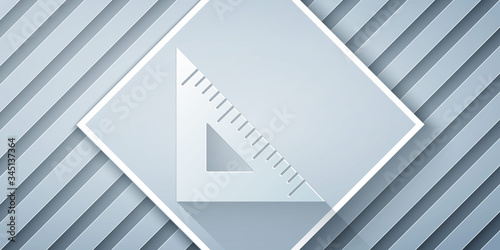 Paper cut Triangular ruler icon isolated on grey background. Straightedge symbol. Geometric symbol. Paper art style. Vector Illustration