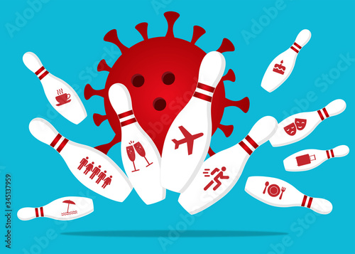 Coronavirus knocks out a punch in the bowling alley. The skittles have an icon for restricted activities.