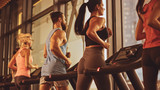 Athletic People Running on Treadmills, Doing Fitness Exercise. Athletic and Muscular People Actively Training in the Modern Gym. Golden Hour Sunny Light. Back View Shot