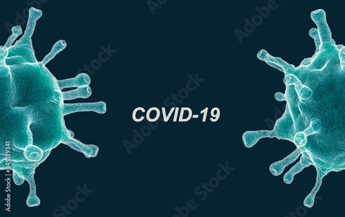 Half coronovirus cell with text COVID-19