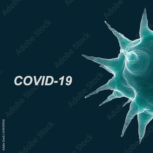 Half coronovirus cell with text COVID-19, closeup illustration