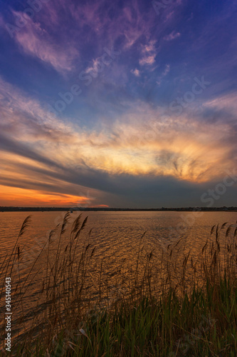 Beautiful sunrise on the lake  with reeds in the foreground