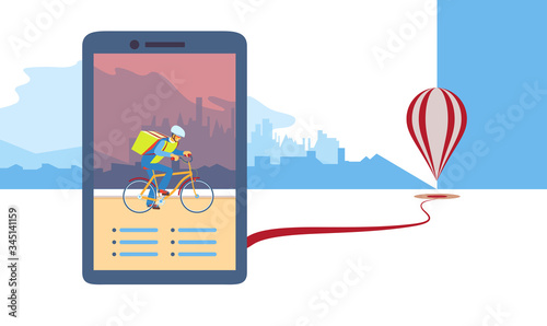 Delivery Boy worker of fast delivery service. Bicycle courier, Express Online ordering mobile app. Man on bicycle with parcel box on backpack delivers food In city.Ecological courier carrier service