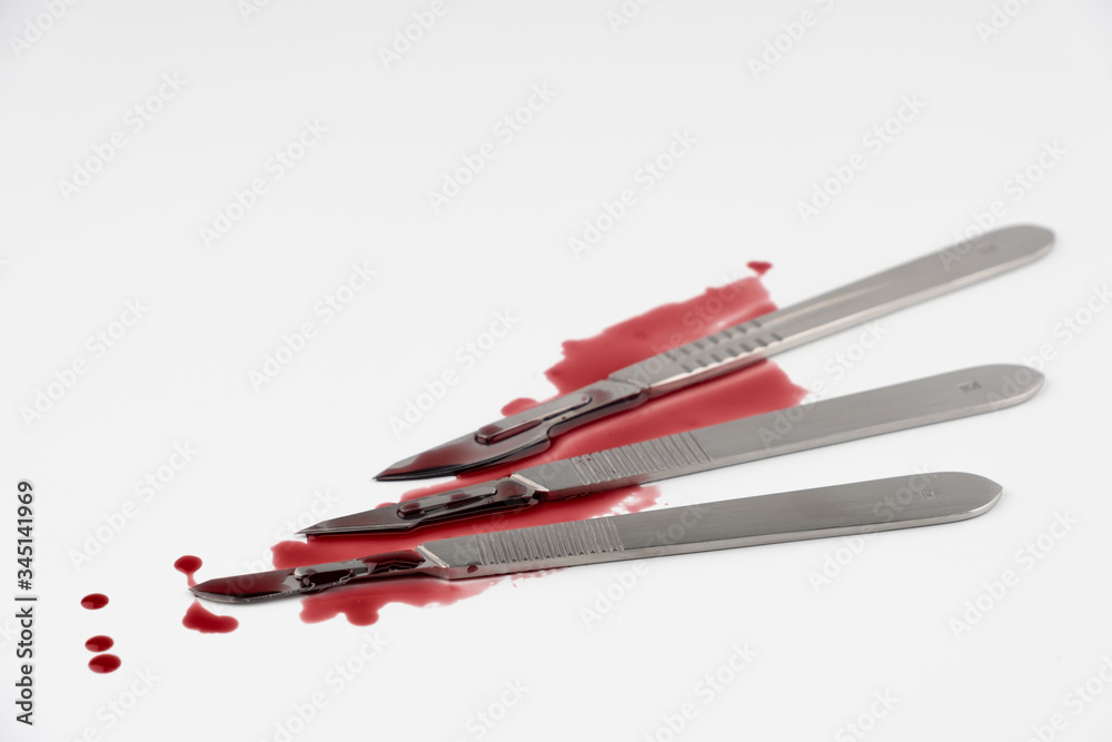 Surgical instrument tools with blood, scalpel with blade, forceps tweezers, scissors for surgeon in surgery Surgical instrument tools with blood, scalpel with blade, forceps tweezers, scissors for surgeon in surgery