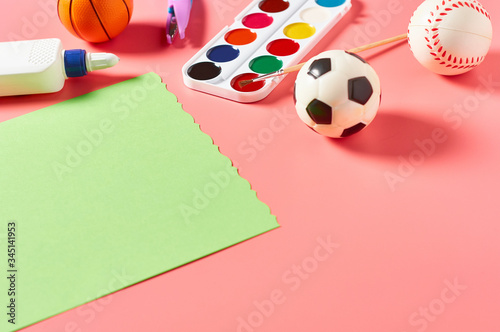 Different accessories for craft on pink background. Concept of handmade  leisure or preschool education