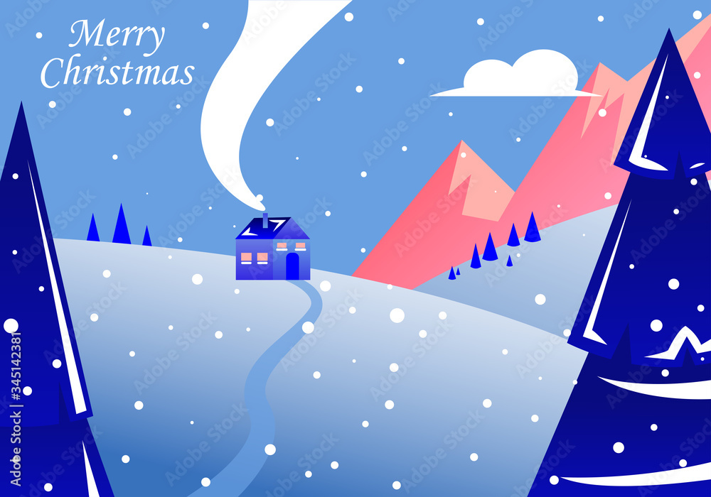 Winter landscape with christmas trees, house and mountains. Snowy weather. Christmas greeting card, poster