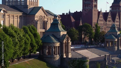 180 aerial view of Szcecin panorama including Akademia Morska, National Museum and Zachodniopomorski Urząd Wojewódzki, Poland