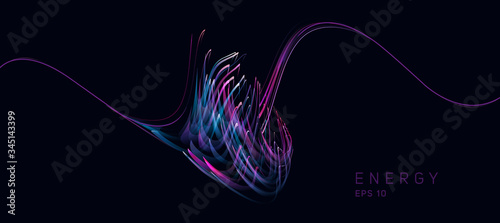 Abstract composition of bright lines forming smoke or fire shape, lights path futuristic digital dark background, energy element