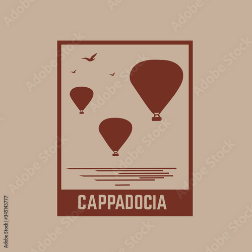 Vector Illustration of a popular turkish travel destination Cappadocia. Balloons in the sky. vintage style