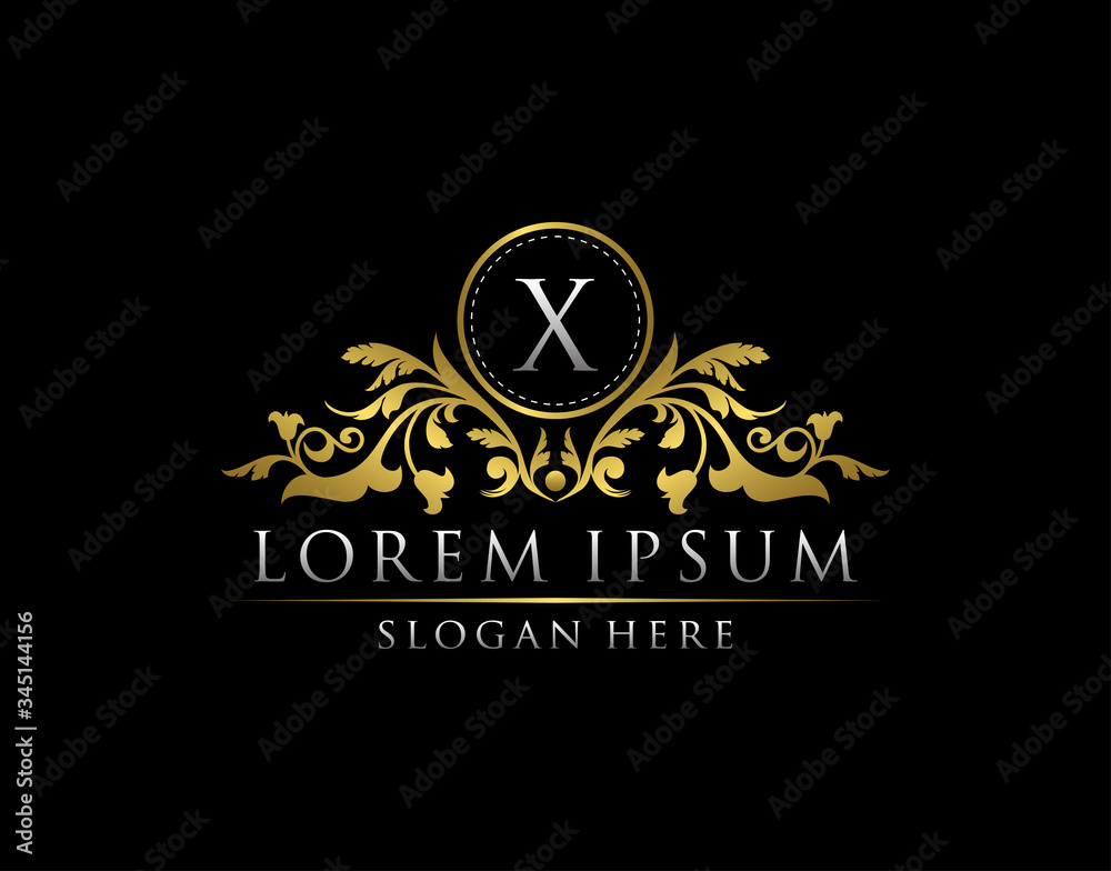 Naklejka premium Luxury Gold X Letter Logo template in vector for Restaurant, Royalty, Boutique, Cafe, Hotel, Heraldic, Jewelry, Fashion and other vector illustration