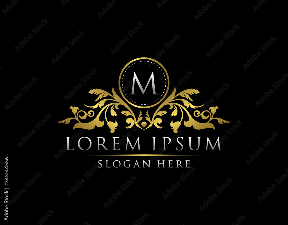 Fototapeta premium Luxury Gold M Letter Logo template in vector for Restaurant, Royalty, Boutique, Cafe, Hotel, Heraldic, Jewelry, Fashion and other vector illustration