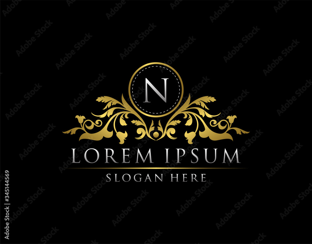Fototapeta premium Luxury Gold N Letter Logo template in vector for Restaurant, Royalty, Boutique, Cafe, Hotel, Heraldic, Jewelry, Fashion and other vector illustration