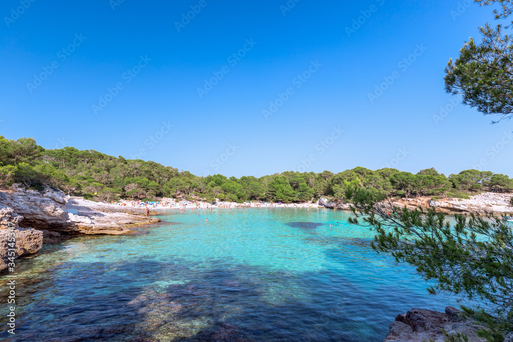 Panoramic view of the famous beach Cala Turqueta.  Menorca, Balearic islands, Spain