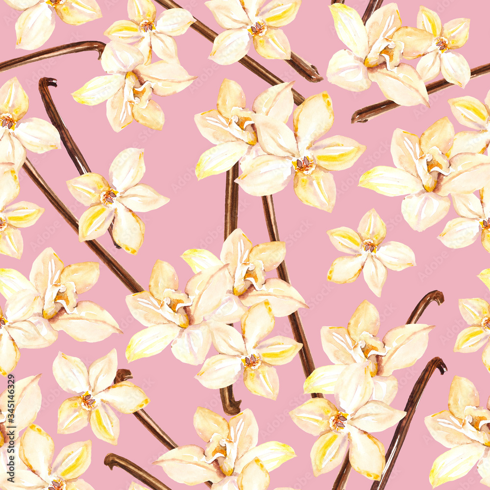 Watercolor hand painted natural vanilla flowers illustration seamless pattern - wallpaper, wrapping paper 