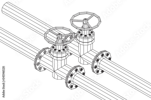 Oil pipeline with valve business concept. Finance economy polygonal petrol production. Petroleum fuel industry transportation line. Wireframe low poly mesh vector illustration.