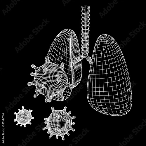Corona Virus and Lungs with trachea bronchi internal organ human. Covid virus pulmonology medicine science concept. Wireframe low poly mesh vector illustration.