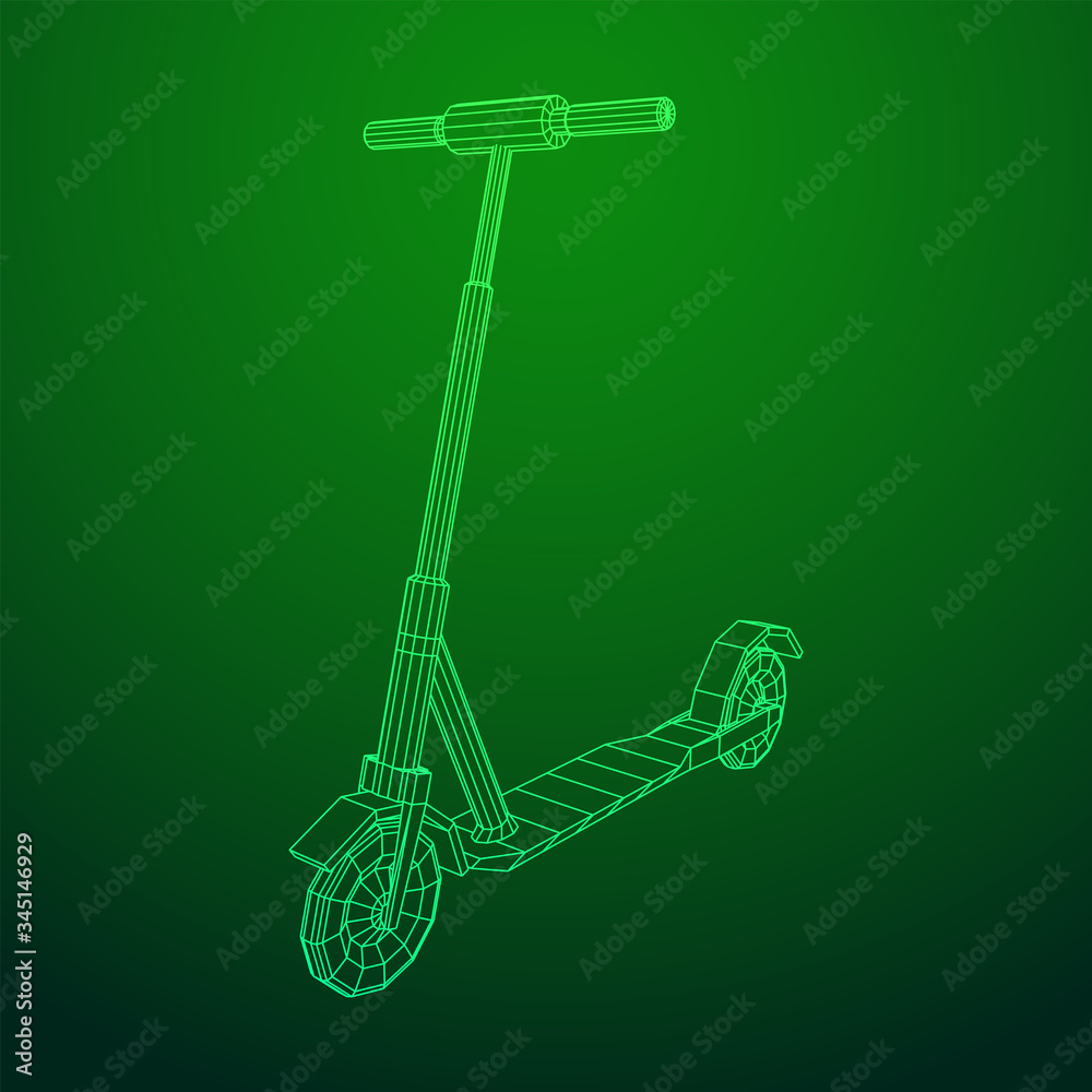 Roller scooter balance kick push bike. Eco alternative city transport. Wireframe low poly mesh vector illustration. Roller scooter balance kick push bike. Eco alternative city transport. Wireframe low poly mesh vector illustration.