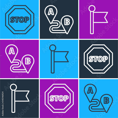 Set line Stop sign, Location marker and Route location icon. Vector