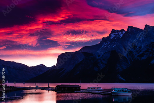 Sunrise over Lake Minewanka. Banff National Park, Alberta, Canada photo