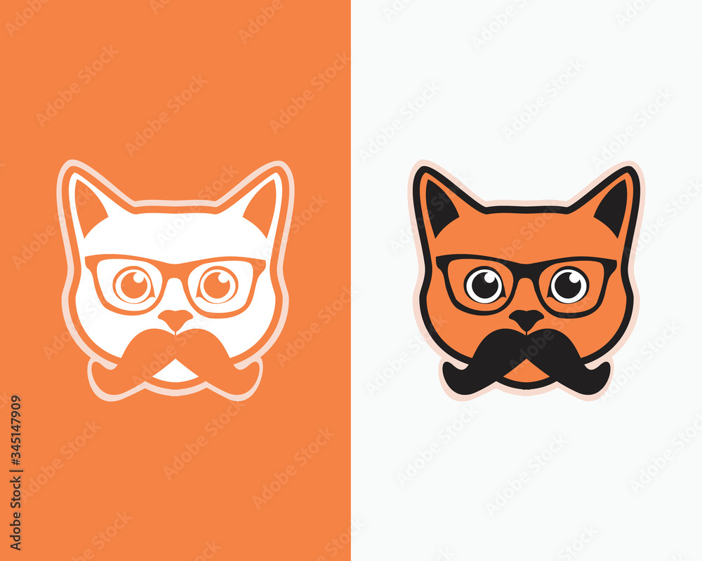 cat with glasses and mustache - funny cute flat face cat logo