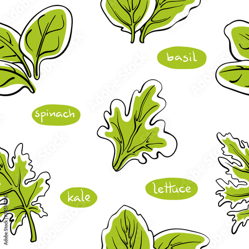 Seamless pattern with salad leaves and herbs. Colorful line sketch collection of vegetables and herbs isolated on white background. Doodle hand drawn vegetable icons. Vector illustration