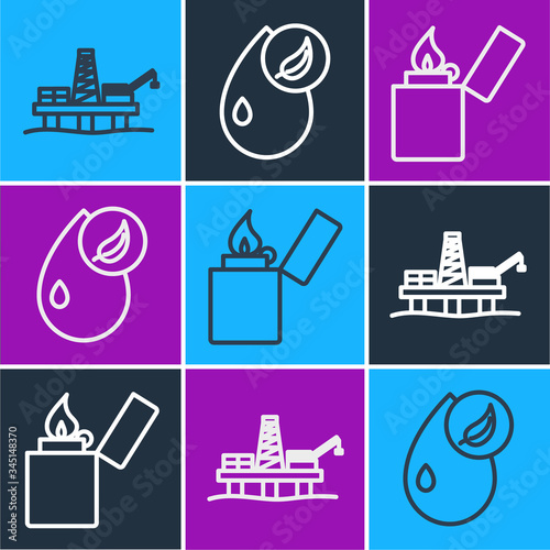 Set line Oil platform in the sea, Lighter and Bio fuel icon. Vector