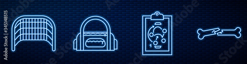 Set line Planning strategy, Ice hockey goal, Sport bag, Human broken bone and Retro tv. Glowing neon icon on brick wall. Vector