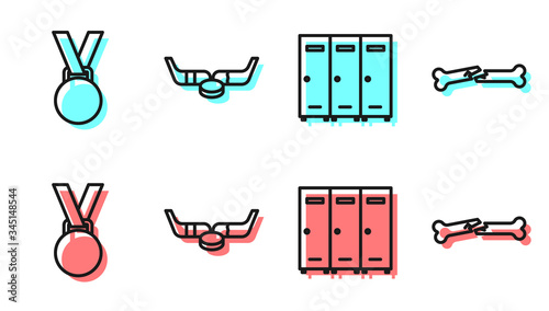 Set line Locker or changing room, Medal, Ice hockey sticks and puck and Human broken bone icon. Vector
