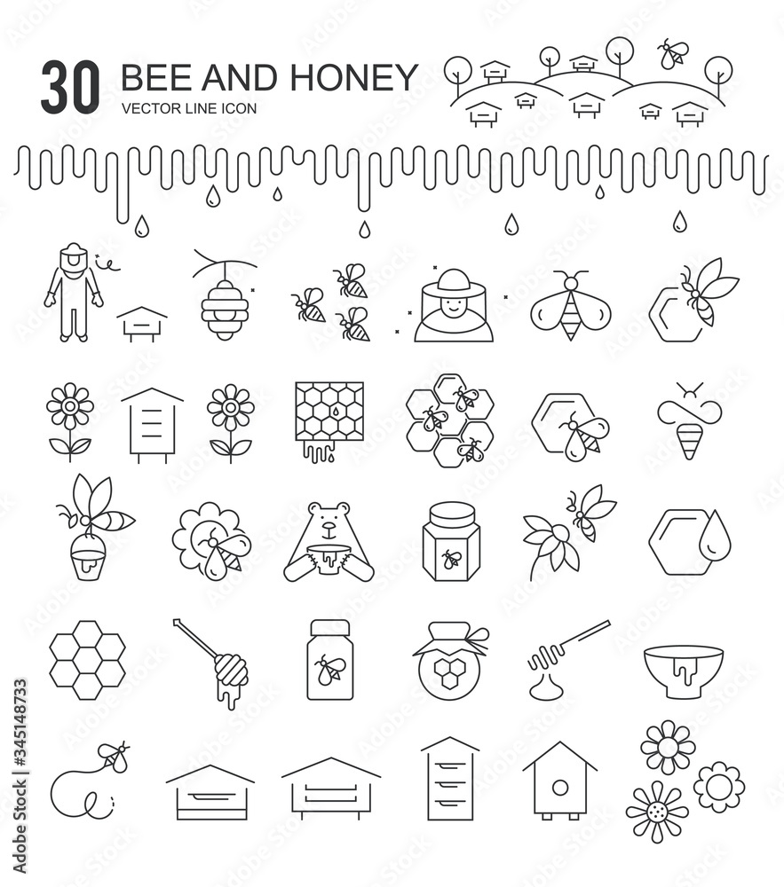 Bee and honey vector thinline icons set Bee and honey vector thinline icons set