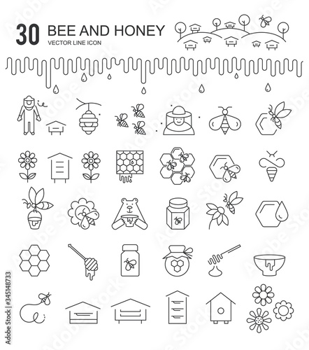Bee and honey vector thinline icons set