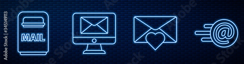 Set line Envelope with Valentine heart, Mail box, Monitor and envelope, Mail and e-mail and Received message concept. Glowing neon icon on brick wall. Vector