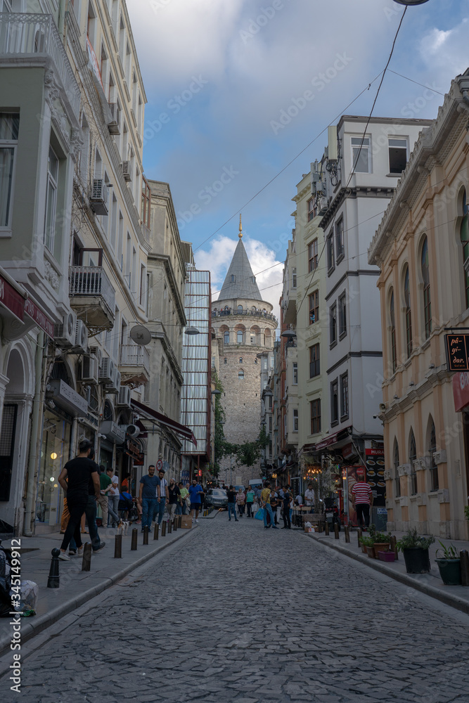 The Galata tower in the street of Istanbul