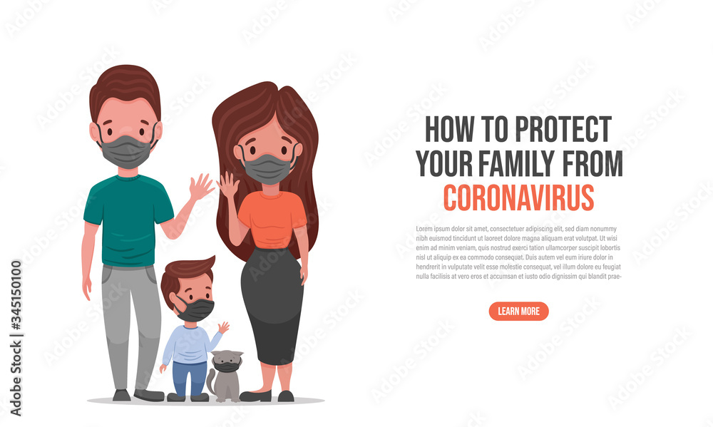 Family wearing protective Medical mask for prevent Corona virus Covid-19. Father mother Son and wearing a surgical mask. Protect the family.  Vector flat cartoon illustration. 