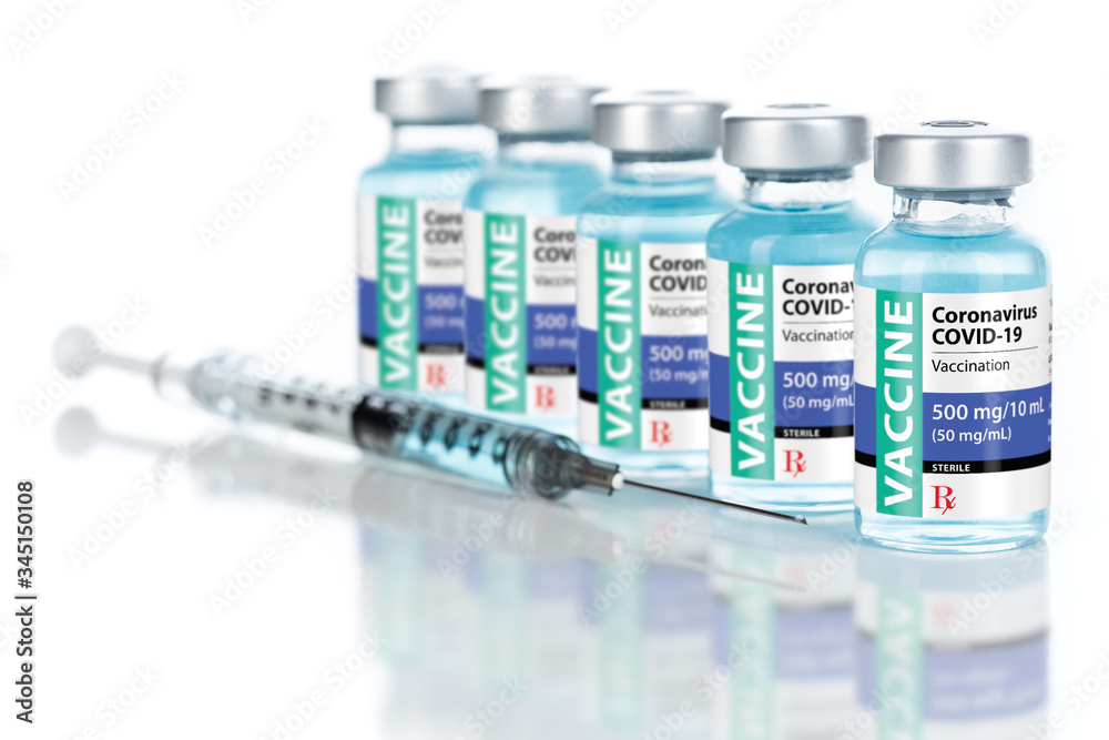 Coronavirus COVID-19 Vaccine Vials and Syringe On Reflective Surface