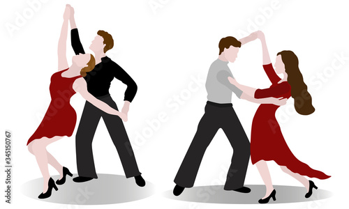 Set of pairs of dancers isolated on a white background. Vector illustration of ballroom or latin american dancers