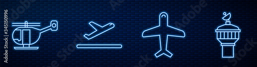 Set line Plane, Helicopter, Plane takeoff and Radar. Glowing neon icon on brick wall. Vector