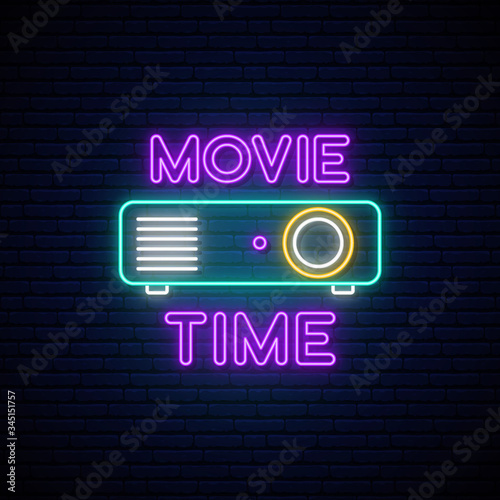 Cinema projection unit neon sign. Glowing neon projection machine on brick wall background with text Movie time. Vector illustration.