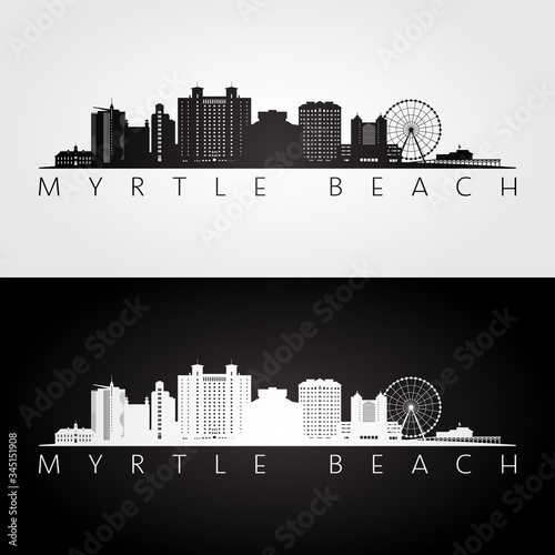 Myrtle Beach, South Carolina skyline and landmarks silhouette, black and white design, vector illustration. photo
