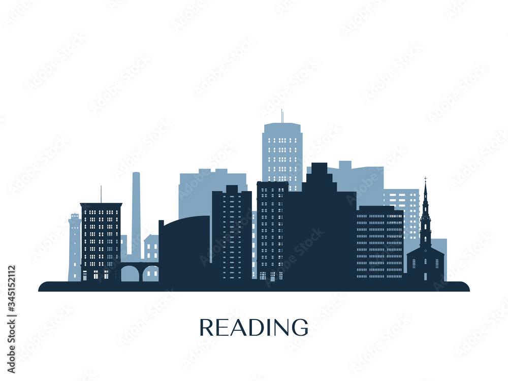 Reading skyline, monochrome silhouette. Vector illustration.