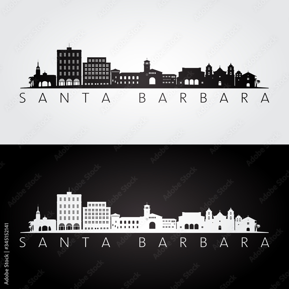 Santa Barbara, California skyline and landmarks silhouette, black and white design, vector illustration.