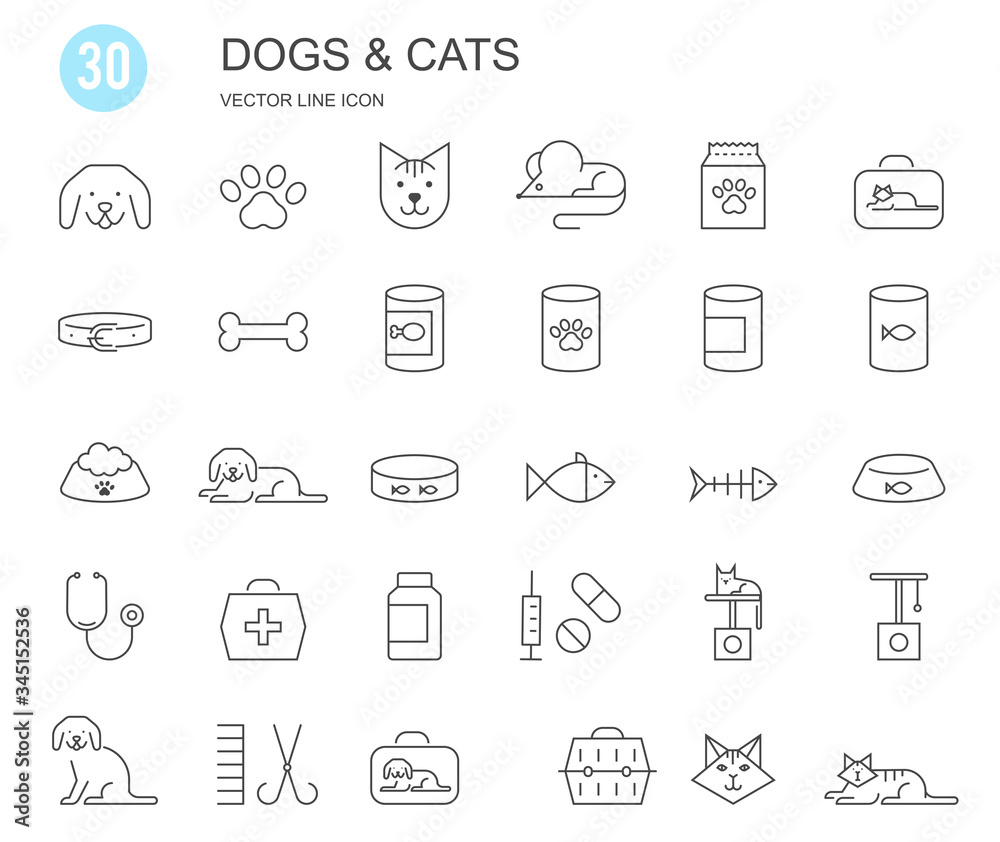 Pet shop, types of pets. Set of flat vector icons with a thin line.